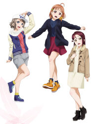 3girls ahoge artbook baseball_cap blue_eyes bow coat dress grey_hair hair_bow hair_ornament hat highres jacket long_hair looking_at_viewer love_live! love_live!_sunshine!! multiple_girls non-web_source official_art open_mouth orange_hair red_eyes red_hair red_skirt sakurauchi_riko scarf shoes short_hair shorts simple_background skirt smile sneakers sweater takami_chika watanabe_you white_background yellow_eyes