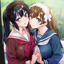 2girls alternate_hairstyle black_hair blue_eyes blue_sailor_collar blurry blurry_background blush bow breast_press brown_eyes brown_serafuku embarrassed frilled_hairband frills hairband hibike!_euphonium interlocked_fingers kitauji_high_school_uniform kousaka_reina kuroe_mayu lolita_hairband looking_at_viewer misogi_(misogi1341) multiple_girls neckerchief nervous_smile parted_lips purple_eyes red_neckerchief sailor_collar school_uniform serafuku smile symmetrical_docking tree twintails two_side_up upper_body white_neckerchief white_sailor_collar winter_uniform