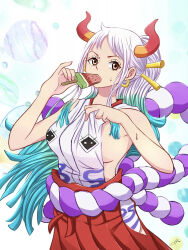 1girl apple7apo breasts commentary_request eyelashes food gradient_hair green_hair hair_ornament hair_stick highres holding holding_food horns large_breasts long_hair looking_at_viewer multicolored_hair one_piece popsicle rope shimenawa solo standing sweat two-tone_hair very_long_hair watermelon_bar white_hair yamato_(one_piece)