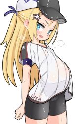 &gt;:d 1girl arched_back arms_behind_back azur_lane baseball_cap big_belly bike_shorts blonde_hair blue_eyes blue_ribbon blush bogue_(azur_lane) breath bright_pupils buttons cameltoe clenched_hand collarbone commentary_request cowboy_shot eyes_visible_through_hair fang female_focus flat_chest from_side hair_between_eyes hair_ornament hair_ribbon half_updo hat jersey konarofu loli long_hair looking_at_viewer looking_to_the_side open_mouth petite pregnant ribbon see-through_clothes shirt short_sleeves simple_background solo standing star_(symbol) star_hair_ornament striped_clothes striped_shirt sweat tsurime v-shaped_eyebrows vertical-striped_clothes vertical-striped_shirt white_background white_pupils
