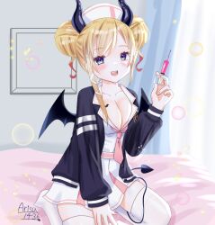 1girl arisuuuuu.1436 blonde_hair blue_eyes breasts cleavage demon_girl demon_horns hat hololive horns hospital large_breasts looking_at_viewer non-web_source nurse nurse_cap official_alternate_costume on_bed self-upload shirt solo syringe virtual_youtuber white_shirt yuzuki_choco yuzuki_choco_(nurse)