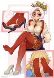1boy 1girl artist_name black_footwear blonde_hair blue_gloves blue_shirt blush breasts closed_mouth commentary crossed_legs english_commentary eyeshadow feet feet_only foot_focus foot_on_another&#039;s_face full_body glasses gloves grey_hair hair_ornament hair_stick hands_on_own_hips high_heels highres impossible_clothes jacket large_breasts legs link makeup nintendo no_shoes pantyhose parted_bangs pointy_ears ponytail purah red-framed_eyewear red_eyeshadow red_pantyhose rezodwel round_eyewear sandals shiny_clothes shirt shoe_dangle sitting sleeveless sleeveless_shirt soles spread_toes tabi the_legend_of_zelda the_legend_of_zelda:_tears_of_the_kingdom thighs toes upper_body white_jacket white_shirt zouri