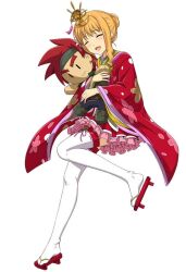 1girl :d ^_^ agate_crosner akatsuki_no_kiseki alternate_costume blonde_hair character_doll cherry_blossom_print closed_eyes eiyuu_densetsu floral_print full_body geta hair_ornament japanese_clothes kimono kimono_skirt long_sleeves official_art open_mouth red_kimono ribbon-trimmed_thighhighs ribbon_trim short_hair_with_long_locks sidelocks simple_background smile solo sora_no_kiseki stuffed_toy thighhighs third-party_source tita_russell white_background white_thighhighs wide_sleeves