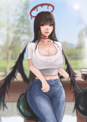 1girl 99_(pixiv_32274219) absurdres black_hair black_wings blood blood_halo blue_archive blue_pants blurry blurry_background breasts cleavage day denim halo highres huge_breasts jeans liquid_halo long_hair navel outdoors pants red_eyes shirt solo tree tsurugi_(blue_archive) white_shirt wings