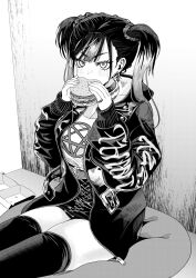 1girl blush breasts burger collar cushion earrings eating food gradient_hair highres indoors jacket jewelry leather leather_jacket long_sleeves medium_breasts monochrome multicolored_hair open_clothes open_jacket original pentagram_print ring sitting studded_collar tanaka_mamoru_(arxelhea0110) thighhighs twintails