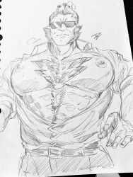 1boy bara bare_pectorals belt chest_hair collared_shirt commentary_request fumi_midori graphite_(medium) highres huge_pectorals long_sideburns male_focus monochrome muscular muscular_male nintendo partially_unbuttoned pectorals photo_(medium) pokemon pokemon_legends:_z-a shirt sideburns signature solo sunglasses thick_chest_hair traditional_media vinnie_(pokemon)