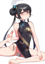1girl barefoot black_dress black_gloves black_hair blue_archive blush braid braided_bun breasts butterfly_hair_ornament china_dress chinese_clothes double_bun dragon_print dress flexible gloves grey_eyes grey_halo hair_bun hair_ornament halo highres holding_own_foot jacket kisaki_(blue_archive) long_hair looking_at_viewer panties print_dress sgmh0519 simple_background sleeveless sleeveless_dress small_breasts solo stretching striped_clothes striped_jacket twintails underwear white_background white_panties