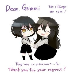 1930s_fashion 1boy 1girl black_bow black_bowtie black_hair black_shoes black_socks black_suspenders bow bowtie brother_and_sister chibi closed_eyes commentary commission english_commentary english_text eyeliner full_body gaspar_(grimmivt) grimmi_(vtuber) hair_between_eyes happy highres hm_yuuri_eri holding_hands indie_virtual_youtuber light_blush long_hair long_skirt long_sleeves makeup messy_hair pale_skin shirt shoes short_hair shorts siblings sidelocks skirt sleeves_rolled_up smile socks suspender_shorts suspender_skirt suspenders virtual_youtuber white_shirt yellow_eyes