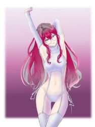 Rule 34 | 1girl, alternate costume, arm behind head, arm up, baobhan sith (fate), baobhan sith (swimsuit pretender) (second ascension) (fate), breasts, detached sleeves, fate/grand order, fate (series), garter straps, hanatto san, highres, long hair, looking at viewer, meme attire, multicolored hair, navel, pink hair, sidelocks, smile, solo, streaked hair, sweater, thighhighs, virgin destroyer sweater, white sweater, white thighhighs