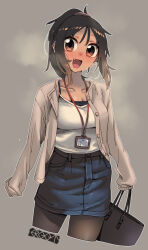 1girl :d artist_name bag black_bag black_pantyhose black_skirt breasts brown_eyes brown_hair cardigan cropped_legs ergot fang grey_background holding holding_bag looking_at_viewer medium_breasts open_mouth original pantyhose simple_background skirt smile solo tina_(ergot)