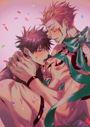 Rule 34 | 2boys, absurdres, azukiharuta ju, black hair, blush, bow, chest tattoo, commentary request, ear piercing, facial tattoo, fushiguro megumi, green bow, highres, hug, jujutsu kaisen, licking another&#039;s chest, male focus, multiple boys, nipples, open mouth, pectorals, piercing, red eyes, robe, ryoumen sukuna (jujutsu kaisen), ryoumen sukuna (true form) (jujutsu kaisen), short hair, sweatdrop, tattoo, teeth, white robe, yaoi
