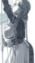 1girl apron arm_up braid breasts cleaning commentary dress english_commentary eyelashes greyscale hat hews highres hololive hololive_english indoors large_breasts long_hair looking_up low_twin_braids maid maid_apron mob_cap monochrome muntins official_alternate_costume official_alternate_hairstyle ouro_kronii ouro_kronii_(maid) parted_lips sidelighting solo twin_braids unfinished virtual_youtuber window
