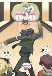 5boys ball black_hair blonde_hair blue_hair bowling_ball bowling_pin brown_hair cellphone character_request earrings eyepatch highres jacket jewelry long_sleeves medium_hair motion_blur multicolored_hair multiple_boys nirei_akihiko pants phone sakura_haruka_(wind_breaker) school_uniform smartphone soul_(tamashii) split-color_hair spoken_expression sugishita_kyoutarou suo_hayato tassel tassel_earrings v-shaped_eyebrows white_hair wind_breaker_(nii_satoru)