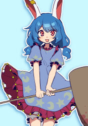 144udy 1girl absurdres ambiguous_red_liquid animal_ears bloomers blue_background blue_dress blue_hair commentary cowboy_shot crescent_print dress drop_shadow earclip frilled_dress frilled_sleeves frills hair_tie highres holding holding_mallet kine looking_at_viewer mallet medium_hair open_mouth puffy_short_sleeves puffy_sleeves rabbit_ears rabbit_girl red_eyes seiran_(touhou) short_sleeves simple_background smile solo standing star_(symbol) star_print touhou underwear white_background