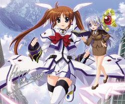2girls absurdres ahoge ankle_wings black_bow black_bowtie blazer blue_eyes book bow bowtie brown_jacket brown_shoes brown_skirt commentary english_commentary fingerless_gloves full_body gloves hair_ornament hair_ribbon hand_on_own_hip happy_birthday higa_yukari highres holding holding_staff jacket long_hair long_sleeves lyrical_nanoha mage_staff mahou_shoujo_lyrical_nanoha_strikers miniskirt multiple_girls open_book open_mouth outdoors pencil_skirt planet raising_heart raising_heart_(device_mode) reinforce_zwei ribbon ruins shirt shoes skirt sky smile staff standing standing_on_one_leg takamachi_nanoha takamachi_nanoha_(aggressor_mode) thighhighs tsab_ground_military_uniform twintails waist_cape white_jacket white_ribbon white_shirt white_shoes white_skirt white_thighhighs wings winking_(animated) x_hair_ornament zettai_ryouiki