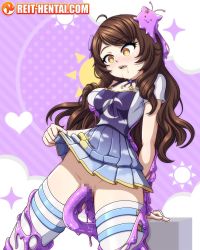 1girl blob bow breasts brown_eyes brown_hair censored centi_(nimu) choker dress grabbing_another&#039;s_breast gradient_clothes gradient_dress groping hair_bow hair_ornament highres indie_virtual_youtuber long_hair moon_print nimu_(vtuber) nimu_(vtuber)_(3rd_costume) off-shoulder_shirt off_shoulder possessed pussy rape reit saliva shirt slime_(substance) solo spread_legs star_(symbol) star_hair_ornament tentacle_sex tentacles tentacles_under_clothes thighhighs virtual_youtuber white_thighhighs