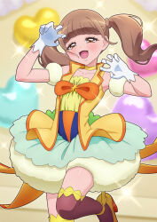 1girl :d balloon bare_shoulders blunt_bangs blush bow brown_eyes brown_hair brown_thighhighs bubble_skirt chest_bow choker claw_pose collarbone commentary cosplay cowboy_shot cropped cure_sparkle cure_sparkle_(cosplay) detached_sleeves gloves half-closed_eyes hands_up healin&#039;_good_precure heart heart_balloon high_heels highres hiramitsu_hinata indoors leg_up long_hair looking_at_viewer magical_girl open_mouth orange_bow platform_heels precure puffy_detached_sleeves puffy_sleeves self_cosplay shoes skirt sleeveless sleeveless_vest smile solo sparkle standing standing_on_one_leg thighhighs tiler_(tiler00) twintails vest white_gloves white_skirt white_sleeves yellow_choker yellow_shoes yellow_vest