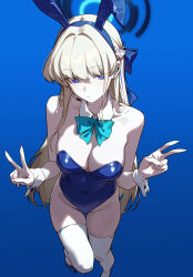 1girl absurdres animal_ears aqua_bow aqua_bowtie bare_shoulders black_shoes blonde_hair blue_archive blue_background blue_eyes blue_hairband blue_halo blue_leotard bow bowtie breasts cleavage closed_mouth commentary_request detached_collar double_v earphones earpiece fake_animal_ears foot_out_of_frame frown hair_bow hairband halo headset highleg highleg_leotard highres large_breasts leotard long_hair looking_at_viewer official_alternate_costume pink_pupils playboy_bunny shali shoes simple_background standing standing_on_one_leg strapless strapless_leotard thighhighs toki_(blue_archive) toki_(bunny)_(blue_archive) v very_long_hair white_thighhighs white_wrist_cuffs wireless_earphones wrist_cuffs