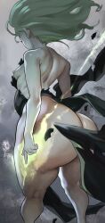 1girl ass ass_focus aura back backboob bare_legs bottomless breasts breasts_out dress eyelashes floating floating_clothes floating_hair from_behind green_hair highres huge_ass index_finger_raised looking_ahead nipples no_panties noblood_(ryandomonica) one-punch_man small_breasts solo tatsumaki telekinesis thick_thighs thighs torn_clothes torn_dress wide_hips