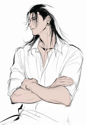 1boy black_eyes black_hair closed_mouth collarbone collared_shirt commentary_request cowboy_shot crossed_arms earrings fingernails frown getou_suguru highres jewelry jujutsu_kaisen long_hair looking_to_the_side male_focus open_collar piercing shirt shki00 short_sleeves simple_background sketch solo white_background wing_collar
