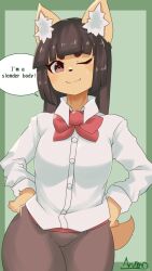 1girl animal_ear_fluff animal_ears animal_nose artist_name belt blunt_bangs body_fur bow bowtie brown_eyes brown_hair closed_mouth collared_shirt cowboy_shot english_text engrish_text female_focus fox_ears fox_girl fox_tail furry furry_female hands_on_own_hips highres komena_(ryuusui_arumo) long_hair looking_at_viewer one_eye_closed original ranguage red_belt red_bow red_bowtie ryuusui_arumo shirt simple_background solo speech_bubble tail thick_eyebrows white_shirt