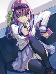1girl aiming aiming_at_viewer akayama_yukihe angel_beats! beretta_92 black_hairband black_shoes black_thighhighs blue_sailor_collar blue_skirt blush breasts cellphone commentary_request couch foot_out_of_frame foreshortening green_eyes green_panties green_ribbon gun hairband handgun highres holding holding_gun holding_phone holding_weapon indoors knee_up light_smile loafers long_hair long_sleeves looking_at_viewer medium_breasts nakamura_yuri neckerchief on_couch panties pantyshot phone pink_neckerchief pleated_skirt purple_hair ribbon sailor_collar school_uniform serafuku shinda_sekai_sensen_uniform shirt shoes sitting skirt smartphone solo thighhighs underwear weapon white_shirt