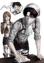 ! 1girl 2boys anger_vein ascot black_hair brown_eyes brown_hair character_request chest_strap chibi curtained_hair eren_yeager grey_eyes highres levi_(shingeki_no_kyojin) long_sleeves looking_back mask mouth_mask multiple_boys petra_ral shingeki_no_kyojin short_hair simple_background sso_s thigh_strap white_background