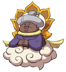 1girl cloud dark-skinned_female dark_skin grey_hair hair_ornament hairpin highres interlocked_fingers japanese_clothes kimono looking_at_viewer official_art open_mouth pink_lips purple_kimono shin_obaa simple_background solo third-party_source updo white_background youkai_(youkai_watch) youkai_watch