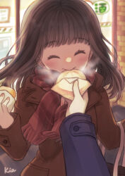 1boy 1girl ^_^ artist_name steamed_bun blue_coat blush brick_wall brown_coat brown_hair closed_eyes coat duffel_coat feeding fingernails food highres holding holding_food kia_(djau8253) original out_of_frame outdoors pov pov_hands red_scarf scarf signature smile solo_focus steam