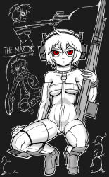 1girl beyond_citadel character_name choker crotch_strap frown gun handgun headphones high_heels holding holding_weapon long_glove martyr_(the_citadel) partially_colored pistol red_eyes revealing_clothes rifle short_hair smoke solo the_citadel weapon