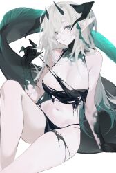 Rule 34 | 1girl, bikini, blue eyes, collar, feet out of frame, fins, fish tail, gradient skin, hair between eyes, halterneck, head tilt, knee up, leaning on self, long hair, looking at viewer, mixed horns, open mouth, original, pointy ears, revealing clothes, sitting, solo, strap pull, swimsuit, tail, thong, upper body, very long hair, white hair, yoimon