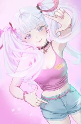 1girl absurdres artist_name bare_shoulders black_choker breasts choker chromatic_aberration cleavage closed_mouth collarbone colored_eyelashes commentary cowboy_shot denim denim_shorts english_commentary finger_frame hair_ribbon highres jinhsi_(wuthering_waves) long_hair looking_at_viewer medium_breasts midriff pink_background pink_ribbon pink_shirt ribbon shirt shorts smile solo tank_top twintails white_eyelashes white_eyes white_hair wuthering_waves z1raell