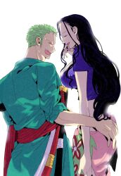 1boy 1girl ^_^ back black_hair blue_jacket closed_eyes cowboy_shot cropped_jacket earrings eyewear_on_head green_hair green_kimono highres jacket japanese_clothes jewelry kimono long_hair may_snmk narrow_waist nico_robin one_piece pink_sarong red_sash roronoa_zoro sarong sash short_hair short_sleeves simple_background white_background