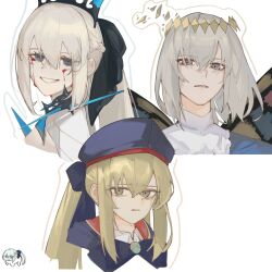 1boy 2girls absurdres artoria_caster_(fate) artoria_caster_(second_ascension)_(fate) artoria_pendragon_(fate) black_bow blonde_hair blood blood_on_face blue_eyes bow braid caat106 fate/grand_order fate_(series) green_eyes hair_between_eyes hair_bow half_up_braid hat highres long_hair looking_at_viewer morgan_le_fay_(fate) morgan_le_fay_(third_ascension)_(fate) multiple_girls oberon_(fate) oberon_(first_ascension)_(fate) ponytail short_hair smile tiara white_hair