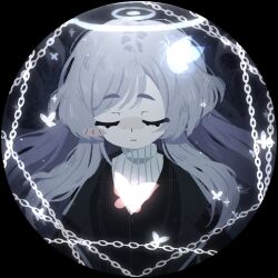 1girl absurdres black_coat bug butterfly chain closed_eyes coat commentary english_commentary grey_hair halo highres insect long_hair original ribbed_sweater saccharhythm solo sweater turtleneck turtleneck_sweater upper_body