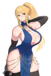 1girl absurdres alternate_costume arm_behind_back biceps black_gloves black_thighhighs blonde_hair blue_dress breasts chain closed_mouth commentary covered_abs cowboy_shot dress earrings elbow_gloves gloves gold_chain gonzarez green_eyes gun hair_between_eyes halter_dress halterneck hand_up handgun highres holster holstered huge_breasts jewelry large_breasts looking_at_viewer meme_attire metroid modakawa_dress mole mole_under_mouth nintendo pelvic_curtain ponytail samus_aran simple_background solo standing taut_clothes taut_dress thigh_holster thighhighs toned toned_female weapon white_background wide_hips