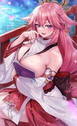 1girl absurdres animal_ears bare_shoulders between_breasts blush boobs_in_book_(meme) book breasts commentary_request covering_breasts covering_privates detached_sleeves earrings fingernails fox_ears gem genshin_impact hair_between_eyes highres holding holding_book jewelry large_breasts long_hair long_sleeves looking_at_viewer meme nail_polish nontraditional_miko open_mouth pink_hair pink_nails purple_eyes purple_gemstone shirt signature solo tassel very_long_hair white_shirt yae_miko yayoi_maka