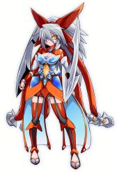 1girl arm_blade breasts cleavage cosplay daiei_film gamera_(series) gamera_3:_revenge_of_iris garter_straps high_heels iris_(gamera) iris_(gamera)_(cosplay) kaiju long_hair medium_breasts monster monster_girl navel one_eye_covered orange_eyes personification ribbon see-through_clothes shield simple_background slit_pupils tentacles usoco weapon white_background yellow_eyes