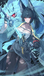 1girl absurdres animal_ear_fluff animal_ears bandaged_chest bandages black_hair blunt_bangs breasts chest_sarashi closed_mouth commentary fox_ears fox_girl highres holding holding_sword holding_weapon hoshimi_miyabi long_hair looking_at_viewer netural pantyhose red_eyes sarashi sheath solo sword torn_clothes torn_pantyhose unsheathing weapon zenless_zone_zero