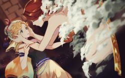 art_brush bare_shoulders blonde_hair blue_eyes final_fantasy final_fantasy_vi flat_chest hat highres multiple_girls open_mouth paintbrush painting_(object) relm_arrowny short_hair yawai_tofu
