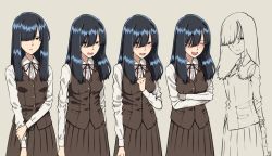 1girl amamiya_yumi beige_background black_hair blush reference_sheet covered_eyes multiple_expressions hair_over_eyes hair_over_one_eye hikage_monogatari jimiko laughing long_hair long_skirt looking_at_viewer multicolored_hair nerdy_girl&#039;s_story shirt_tucked_in simple_background skirt smile solo standing streaked_hair tented_shirt urin