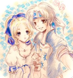 1boy 1girl blonde_hair breasts celes_chere cleavage couple dress final_fantasy final_fantasy_vi fingerless_gloves gloves high_ponytail highres juliet_sleeves locke_cole long_sleeves medium_breasts mugentorisoboro multi-tied_hair official_alternate_costume ponytail puffy_sleeves small_breasts white_dress