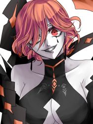 arizigoku666 breasts cleavage cleavage_cutout clothing_cutout colored_skin crazy_eyes crazy_smile earrings fire_emblem fire_emblem:_three_houses hair_over_one_eye jewelry kronya_(fire_emblem) leotard looking_at_viewer nintendo orange_hair pale_skin red_eyes short_hair smile tagme top_view underboob white_skin
