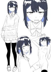 1boy absurdres arm_at_side black_eyes black_hair blue_hair blush bow bowtie close-up closed_mouth clothes_on_and_off collared_shirt colored_inner_hair completely_nude embarrassed erection full_body hair_ornament highres kaiman_garupan legs light_blush long_sleeves looking_at_viewer medium_hair multicolored_hair navel nipples nude open_mouth original pectorals penis shirt shoes simple_background skirt standing stomach sweatdrop sweater testicles thighhighs thighs trap two-tone_hair white_background