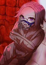 1boy absurdres aotsuki_eito bound bound_arms cowboy_shot flesh glasses grey_hair highres kawati lower_teeth_only male_focus muzzle_(mask) open_mouth padded_room padded_walls purple_eyes red_background short_hair solo straitjacket teeth the_hundred_line_-last_defense_academy- two-tone_background white_background