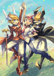 3boys animal_ears arms_up ascot black_jacket blue_eyes blue_pants boots cane clone confetti easter fushitasu gloves holding holding_cane holding_hands jacket male_focus multiple_boys necktie open_mouth outdoors pants rabbit_ears red_jacket red_necktie shirt short_hair spiked_hair tsukumo_yuma vector_(yu-gi-oh!) white_gloves white_pants white_shirt yaoi yu-gi-oh! yu-gi-oh!_zexal