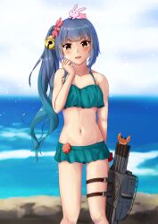 1girl animal animal_on_head badge bell bikini bikini_skirt blue_sky brown_eyes cloud cowboy_shot crab day flip-flops flower green_bikini grey_hair hair_bell hair_flower hair_ornament highres horizon jingle_bell kantai_collection kasumi_(kancolle) kasumi_kai_ni_(kancolle) kasumi_kai_ni_(swimsuit)_(kancolle) long_hair looking_at_viewer navel ocean on_head outdoors rabbit rabbit_on_head sandals side_ponytail sky solo sorairo_haruka standing swimsuit torpedo_launcher water