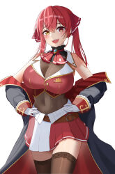 1girl absurdres ascot black_choker black_coat black_thighhighs blush breasts choker cleavage coat cropped_jacket frilled_choker frills gloves hair_ribbon hands_on_own_hips heterochromia highres hololive houshou_marine houshou_marine_(1st_costume) jacket large_breasts leotard leotard_under_clothes long_hair looking_at_viewer mozz1_hozzi red_ascot red_eyes red_jacket red_ribbon red_skirt ribbon skirt sleeveless sleeveless_jacket smile solo thighhighs twintails virtual_youtuber white_gloves yellow_eyes