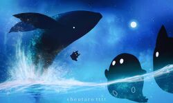 Rule 34 | artist name, dolphin, full moon, highres, hoshikui, moon, night, night sky, no humans, orca, original, outdoors, partially underwater shot, shark, shoutarou (shoutarotttt), silhouette, sky, splashing, star (sky), starry sky, swimming, water, whale