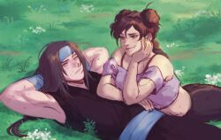 1boy 1girl arms_behind_head black_pants blue_headband bra_strap braid braided_ponytail breasts brown_eyes brown_hair crop_top double_bun frown grass hair_bun head_tilt headband hyuuga_neji lying medium_breasts midriff naruto_(series) naruto_shippuuden off-shoulder_shirt off_shoulder on_back pants papabay shirt smile tenten_(naruto)